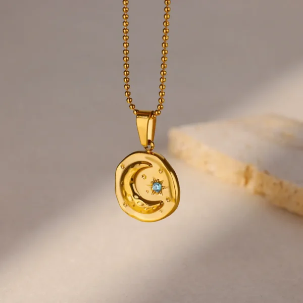 Blue Zircon Star Moon Necklace – Elegant Gold-Tone Stainless Steel Pendant for Women